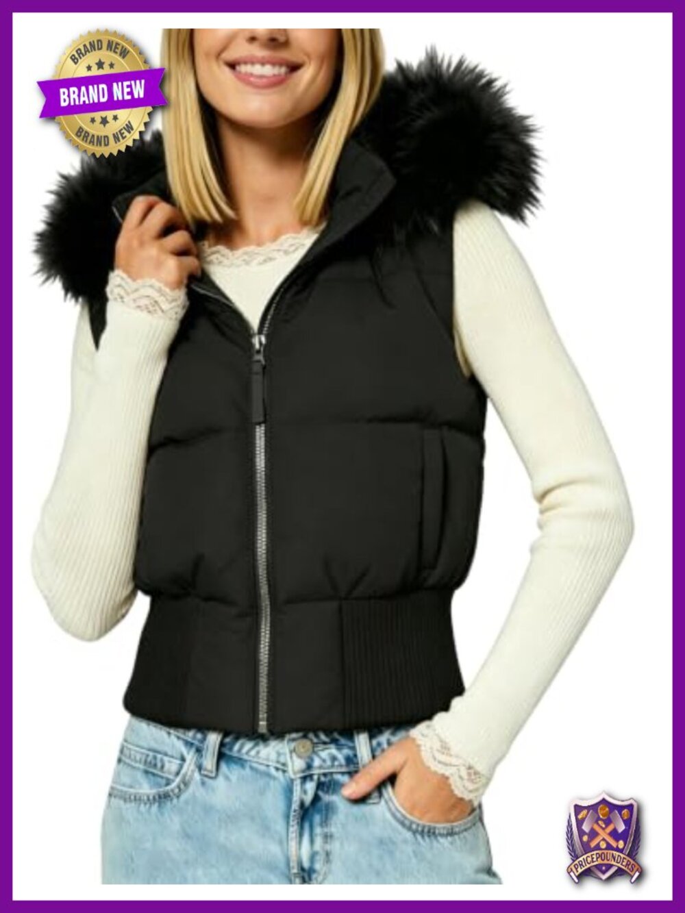 Puffer Vest Women Faux Fur Hooded Fall Winter Coat